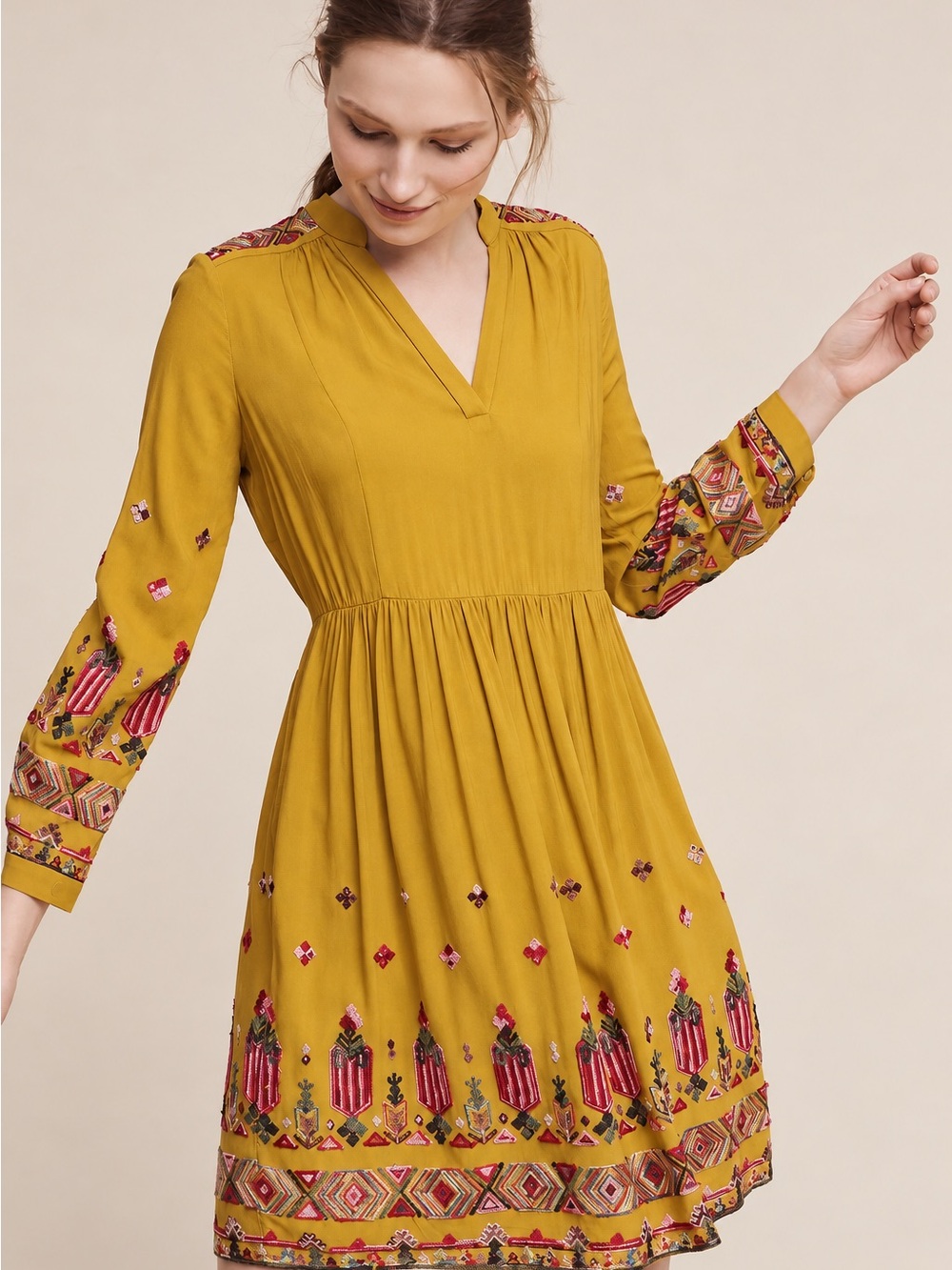 Anthropologie Floreat Raella Embroidered Mustard Boho Dress XS